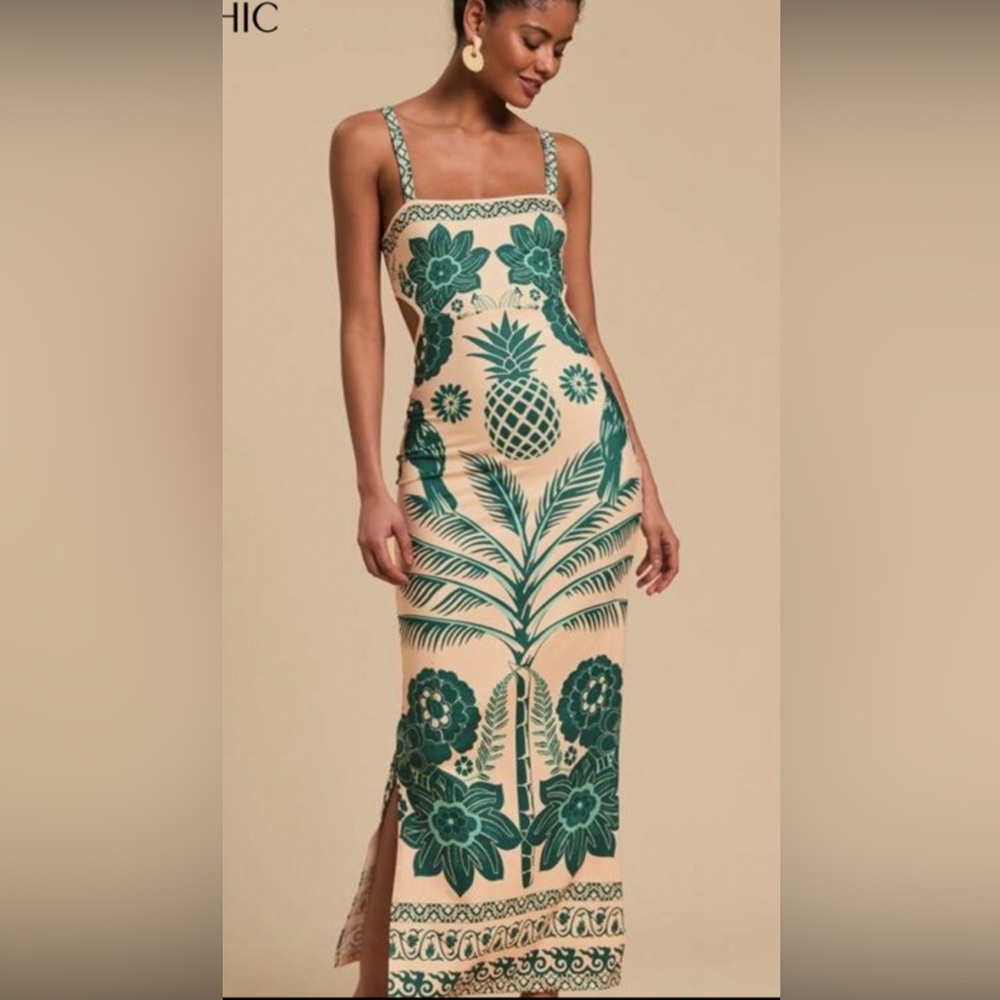 Tropical Tiki Print Green and Cream Dress